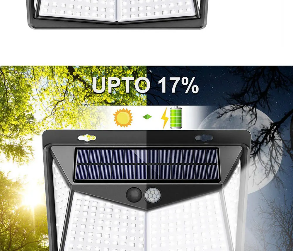 100/208 светодиодный светильник на солнечной батарее, уличный водонепроницаемый солнечный светильник с датчиком движения, настенный светильник для безопасности, для сада, двора, с тремя режимами