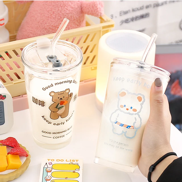 Cute Kawaii Bear Cartoon Water Glass Cup with Straw & Lid - Peachymart