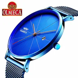 Мужские Ультра-тонкие наручные часы Топ люксовый бренд OLMECA бизнес Япония кварцевые часы водонепроницаемые темно-синие мужские часы сталь