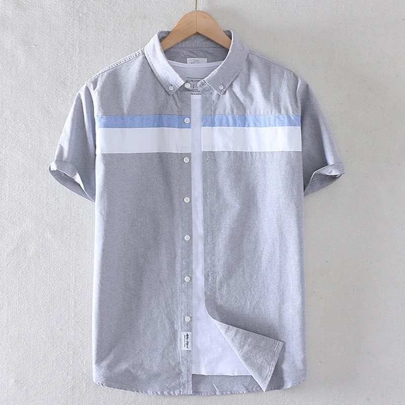 Cotton shirt men summer oxford short-sleeved smart casual slim patchwork turn-down collar
