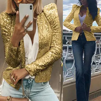 

Women Autumn Jacket Women Long Padded Sleeve Stand Collar Jacket Red Black Silver Shining Sequins Slimming Coat Jacket gifts