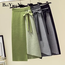 Beiyingni Женская трикотажная юбка в полоску цветной пэчворк Необычные повседневные офисные женские юбки осень зима мягкие элегантные юбки