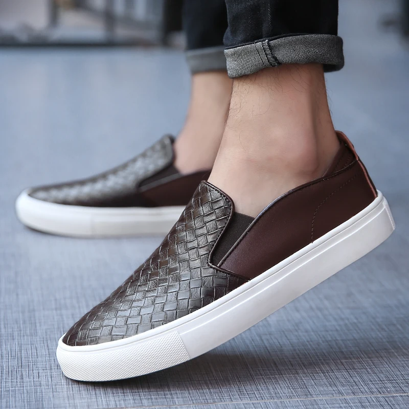 2020 Men Shoes England Trend Casual Shoes Loafers Male Leather Sneakers Weaving Leather Dress Shoes Men Flats Zapatillas Hombre