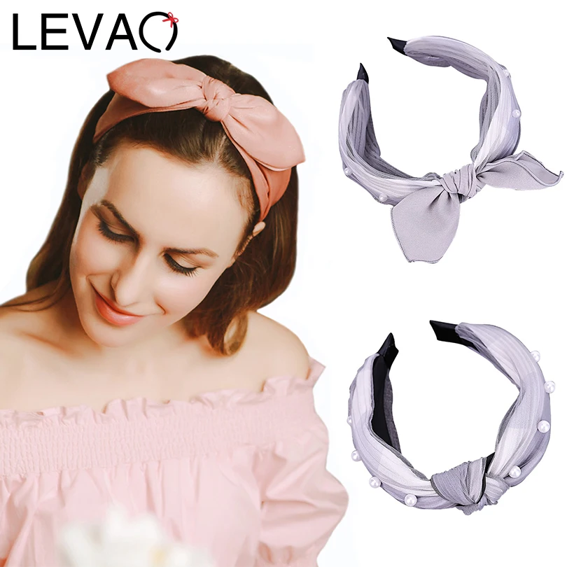 

LEVAO Women Elegant Pearl Mesh Bow Knotted Headbands Bezel Turban Bunny Ears Girls Elastic Hairband Hair Accessories Hair Hoop