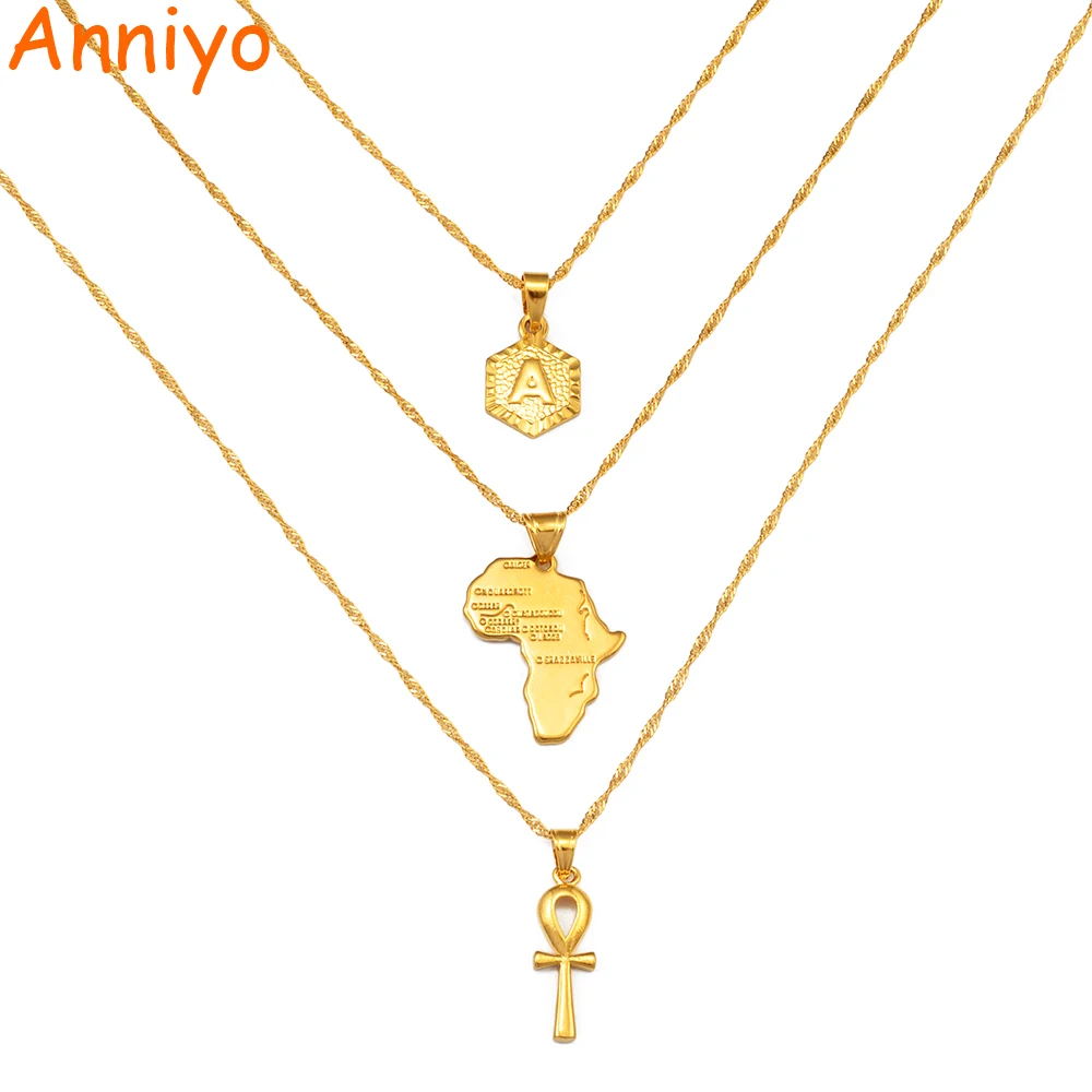 Anniyo 3 шт/A-Z с буквенным принтом карты мира Ankh кулон Neckalces Алфавит золото Цвет