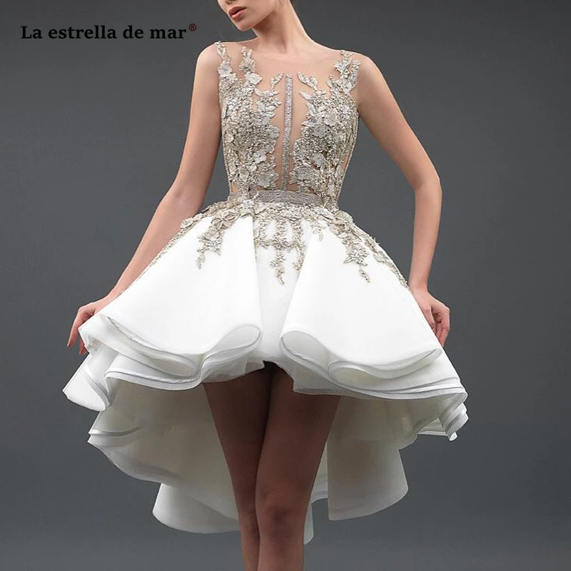 

sukienka koktajlowa Sexy Sheer Neck 3D Lace Appliques Tulle Backless High Low ivory gold cocktail dresses Tea Length Prom Gowns