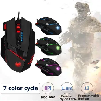 

Wired USB Optical Gaming Mouse 12 Programmable Buttons Computer Game Mice 4 Adjustable DPI 7 LED Lights for Game Players