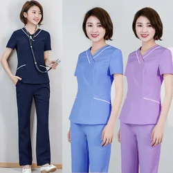 Fashion Medical Uniforms Women Slim Scrub Top V Neck Spa Uniforms Big Pockets Nursing Workwear Short Sleeve Cotton Medical Pants