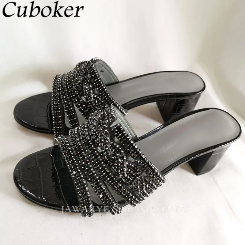 

Brand Chunky Heels Rhinestone Slippers Women Peep Toe Bling High Heel Ladies Slides Summer Party Dress Sandalias Mujer Women