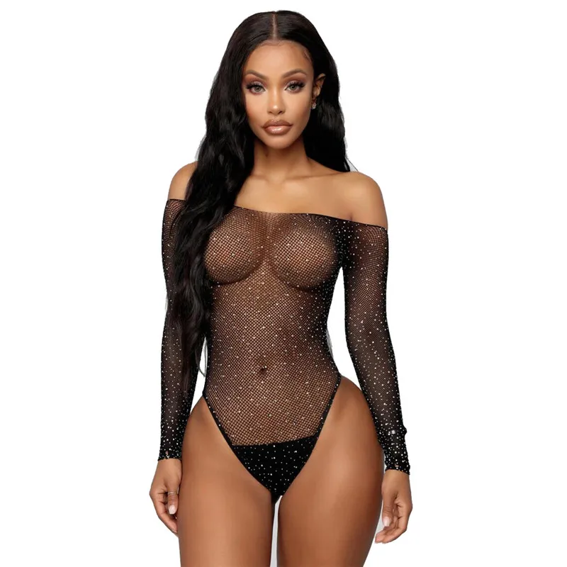 

Sexy Women Off Shoulder Long Sleeve Fishnet Rhinestone Bodysuit Leotard Tops Hollow Out See Through Playsuit Jumpsuit