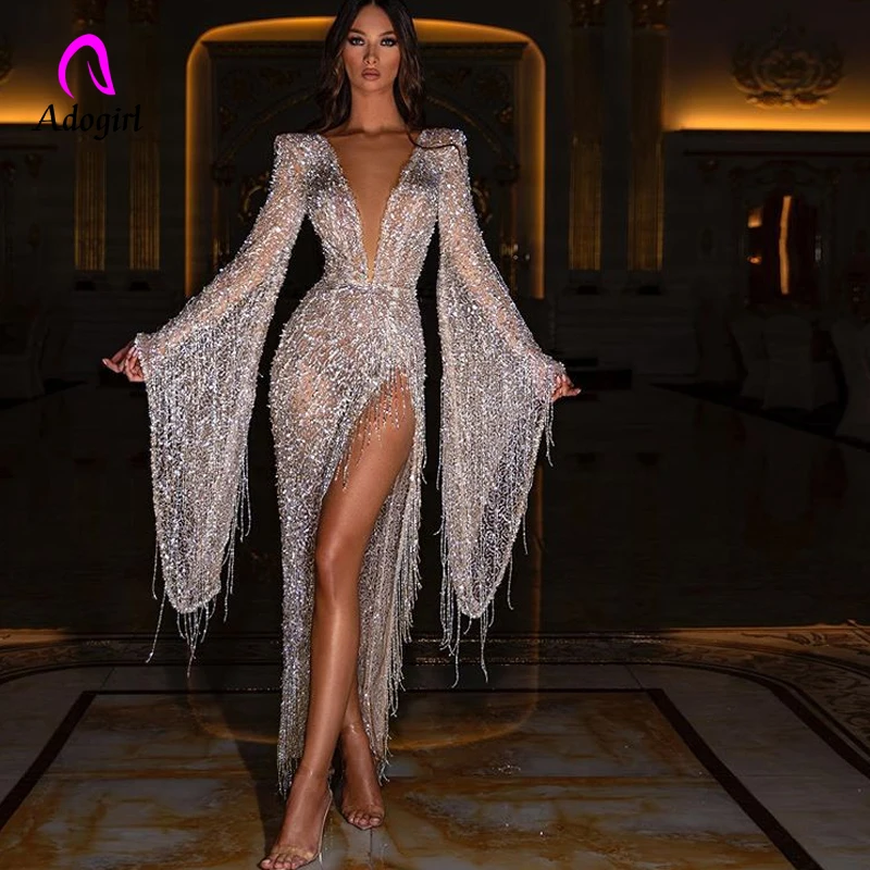 Sparkling Silver Deep V-Neck Sequin Flare Tassel Sleeve Evening Party Dress 2020 Glamorous Spring Summer Irregular Sexy Dresses | Женская