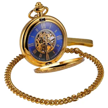 

KS Golden Steampunk Roman Mechanical Blue Pocket Watch Hand Winding Men Clock Fobs Long Chain Key Pendant Watches + Box /KSP073