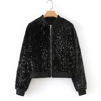 

Fashion Autumn and Winter Casual Black Velvet Sequin Embroidery Loose Short Jacket Baseball Uniform Female