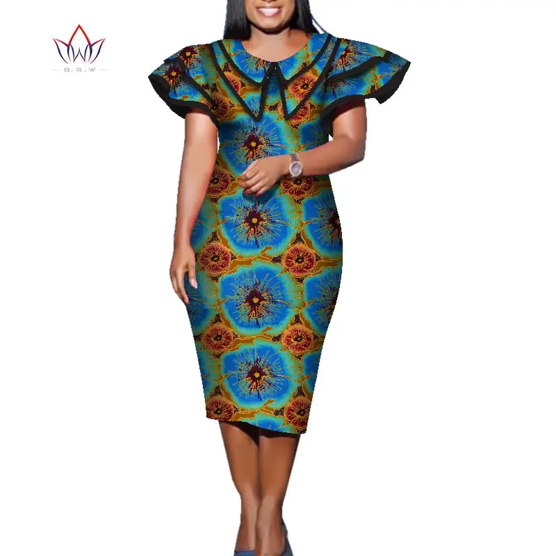 Летнее платье в африканском стиле для женщин, Африканское Платье с принтом Bazin Riche, элегантное женское платье средней длины размера плюс, женское платье средней длины WY5708