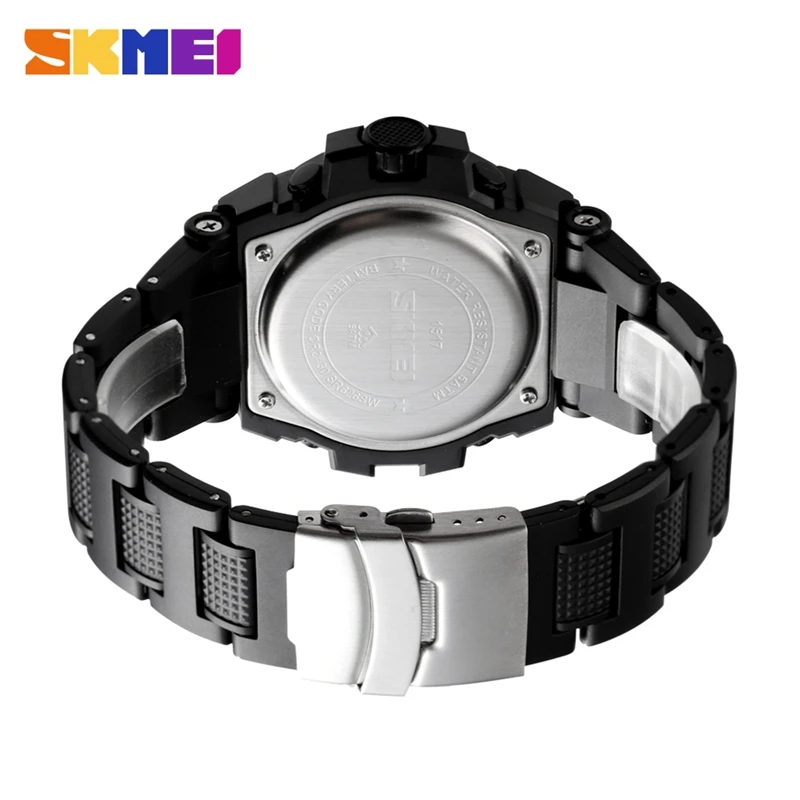 Cena SKMEI 1517 Sport zegarek kwarcowy cyfrowy mężczyźni zegarki podwójny wyświetlacz zegarek wodoodporny pasek pu relogio zegar mężczyzna 2019 nowy