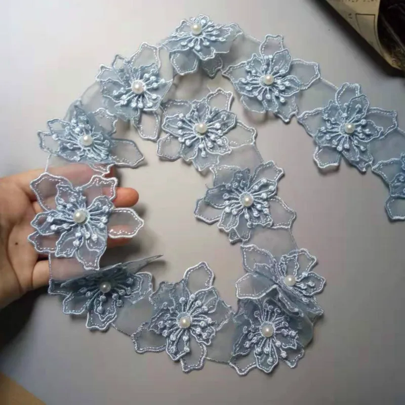 

1 yards Blue 8cm Pearl Flower Embroidered Lace Edge Trim Ribbon Floral Applique Fabric Patches DIY Wedding Dress Sewing Craft