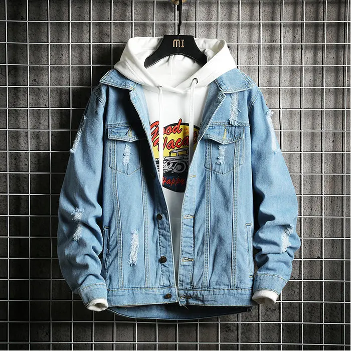 Light Blue Красивые мужские осенние повседневные джинсовые куртки, черные джинсовые пальто, хорошее качество, мужские хлопковые джинсовые куртки с дырками, модные джинсовые куртки, Размер 3XL - Цвет: Light Blue