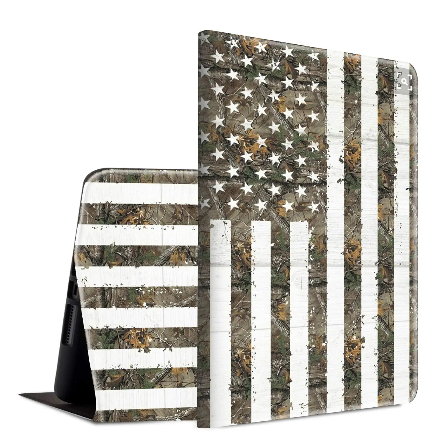 

For Apple iPad 10.2 7th Gen 2019 Case,PU Leather Folio Cover Adjustable Stand Auto Wake/Sleep Smart Protector-American Flag Camo