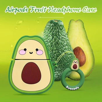 

Headphone Case For Apple Airpods 1 2 Cute 3D Cartoon Avocado Wireless Bluetooth Headset Silicone Cover with Finger Ring Strap