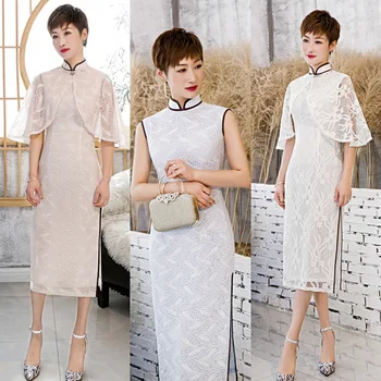 

2020 Spring New Fashion Improved Young Girl Lace Shawl Cheongsam Two-piece Set Elegant Qipao