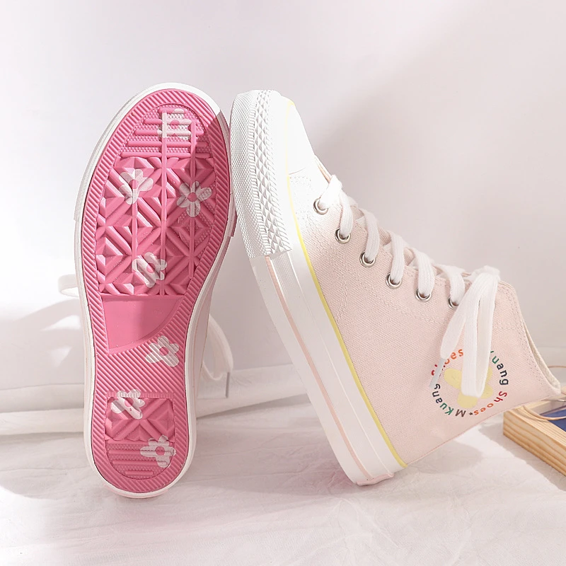 Pink Shoes Girls Canvas Shoes High Top Floral Lace Up Sneakers With Flowers White Casual Shoes Students Chic Shoes 35 40 Sweet Women S Vulcanize Shoes Aliexpress