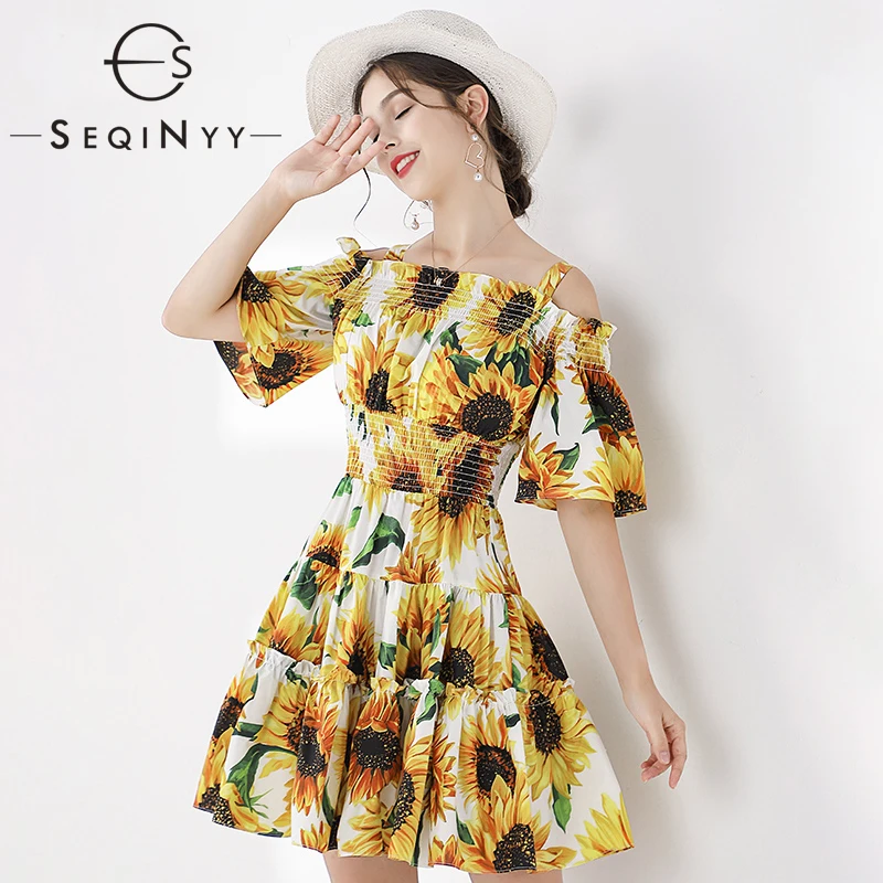 

SEQINYY Sweet Dress 2020 Summer Spring New Fashion Design Short Sleeve Yellow Sunflowers Printed A-line Ruffles Mini Dress
