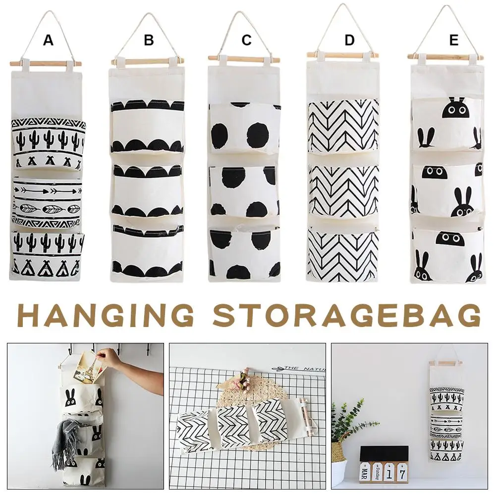 3 Pockets Wall Door Hanging Storage Bag Cotton Linen Home Organizer Basket Pouch 