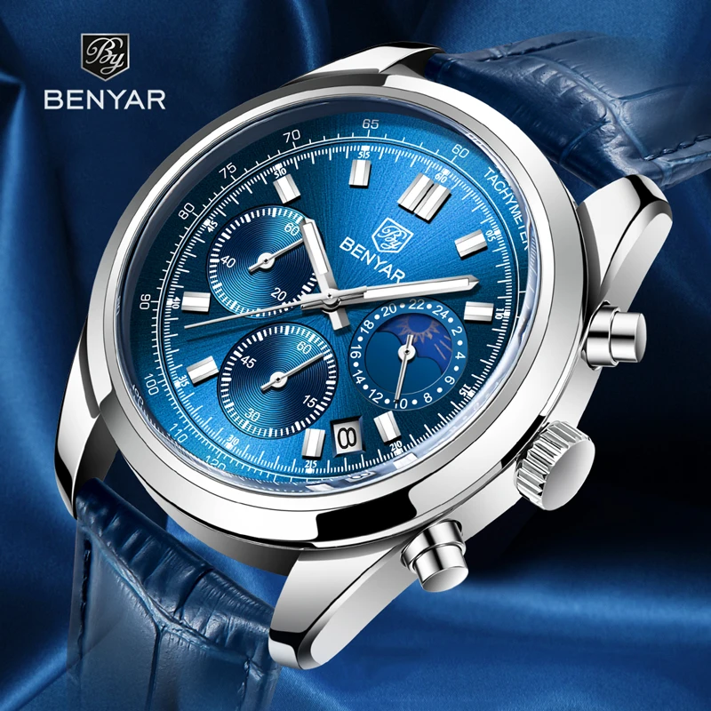 BENYAR Mens Watches Quartz Chronograph Casual Fashion Sport Moon Phase Leather Waterproof Luxury Watch For Men Relogio Masculino