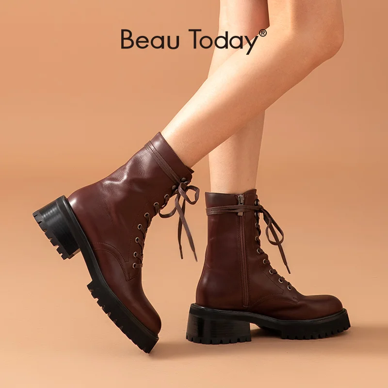 BeauToday-오토바이 부츠, 여성 송아지 가죽 지퍼 레이스 업 라운드 발가락 발목 길이 패션 레이디 플랫폼 신발, 수제 02346