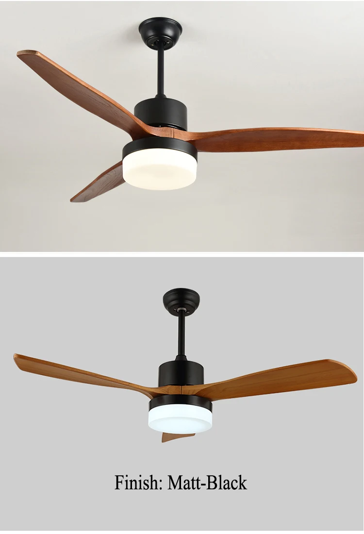 Modern Decorative Solid Wooden Blade Matte Black Energy Saving LED Ceiling Fan With Light