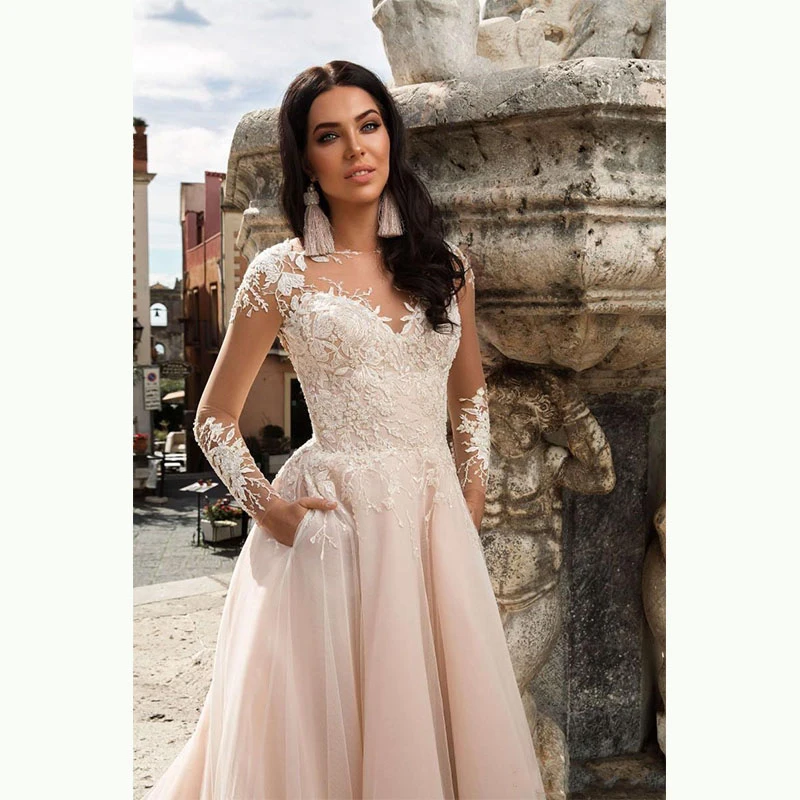 Vestido De Casamento розовый цвет размера плюс свадебное платье длинный рукав кружево со шлейфом юбка с оборками из тюля Свадебные платья в Дубае