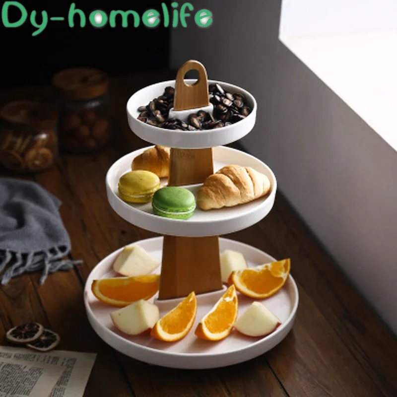 

Creative White Three-layer Bamboo and Wooden Bracket Round Square Ceramic Fruit Plate Family Storage Snack Dessert Fruit Plate