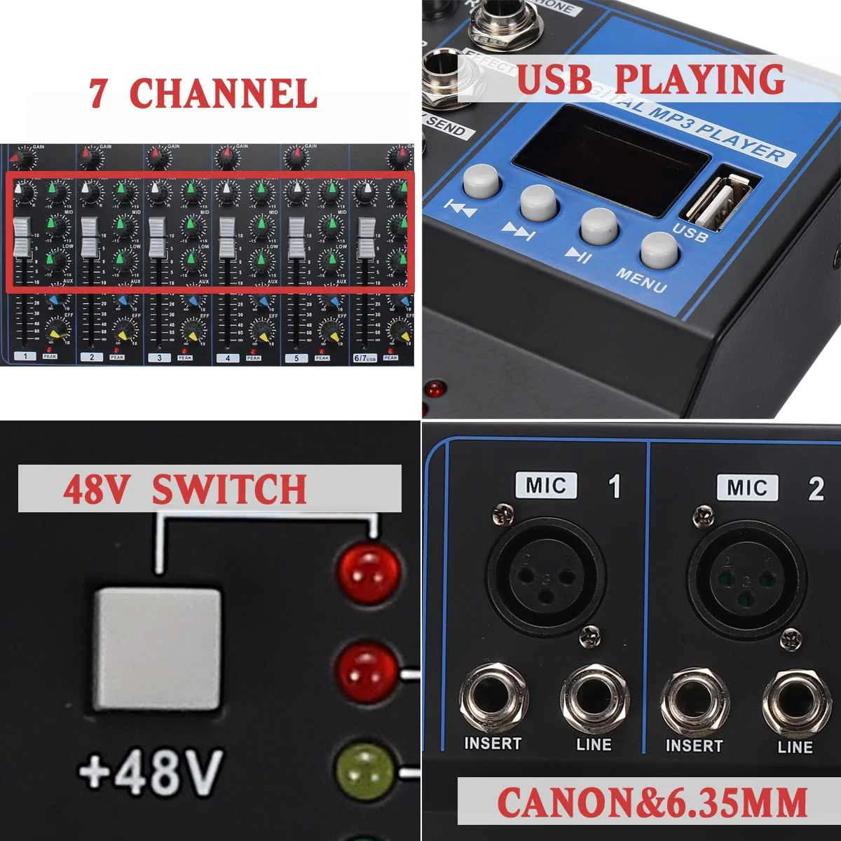 7 канальный портативный аудиомикшер с Bluetooth USB DJ консоль для смешивания звука MP3