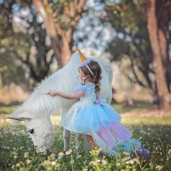 

Christmas Fluffy Girl Princess Unicorn Dress Gorgeous Backless Long Tail Wedding Dress Kids Halloween Unicorn Cosplay Costume