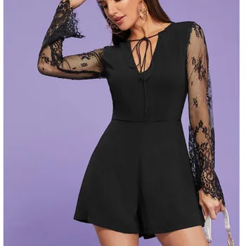 

Women Vintage OL Jumpsuits Lace Patchwork Long Sleeve Romper Jumpsuit Lace-up Neck Playsuit