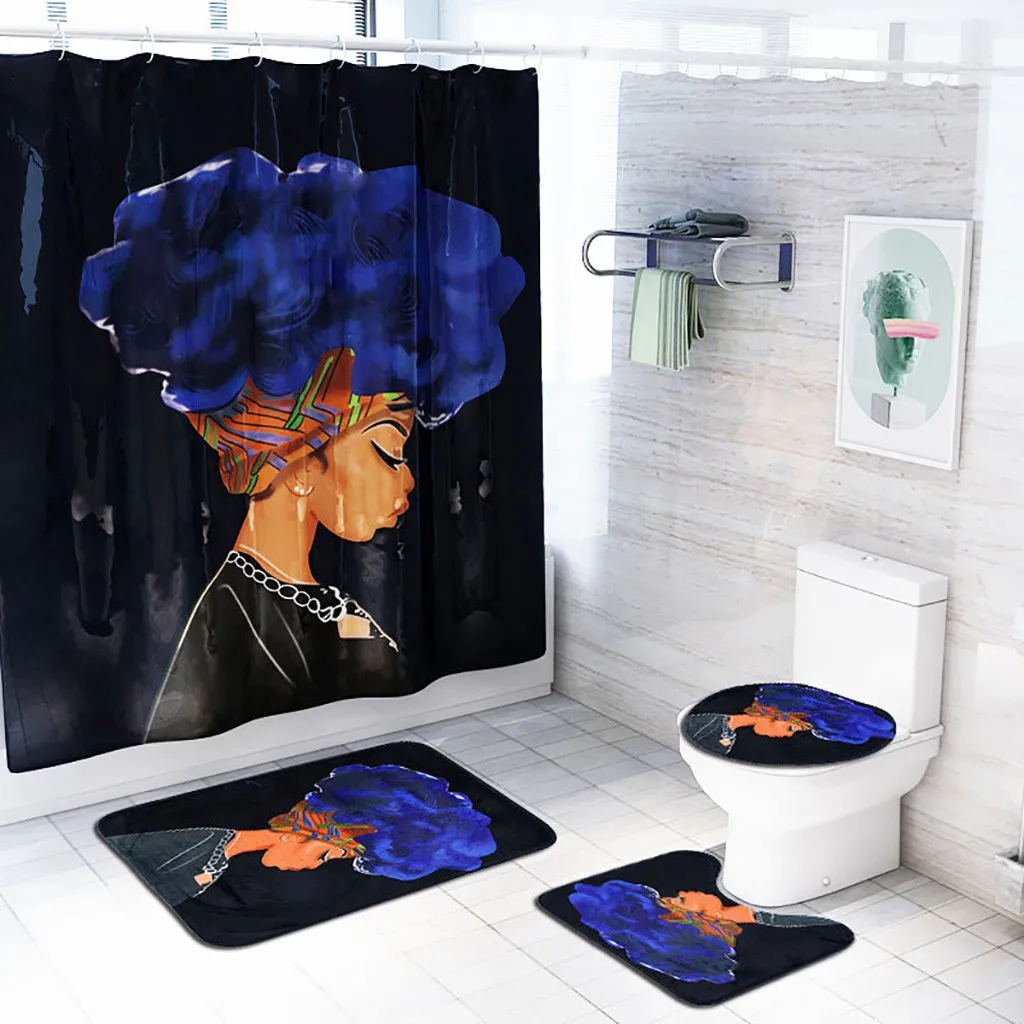 Ouneed 4PCS African explosion head Printd Bathroom Shower Curtains sets Non Slip waterproof Toilet Shower curtains Cover Mat set