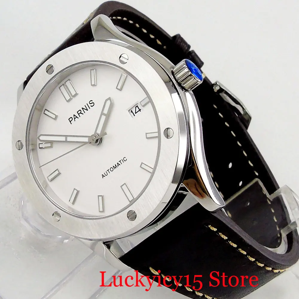 

PARNIS 42mm Round Wristwatch Men White Dial Date Function SS Watch Case NH35A Movement