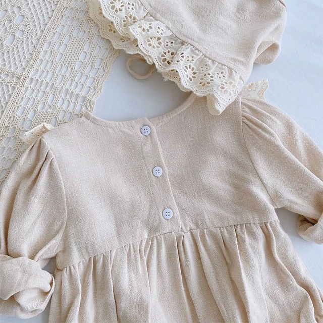 Lace Princess Toddler Romper 2020 Autumn Retro Newborn Baby Girl Clothes Cotton Spring Pure Color Infant Outfits 2pcs With Hats 6