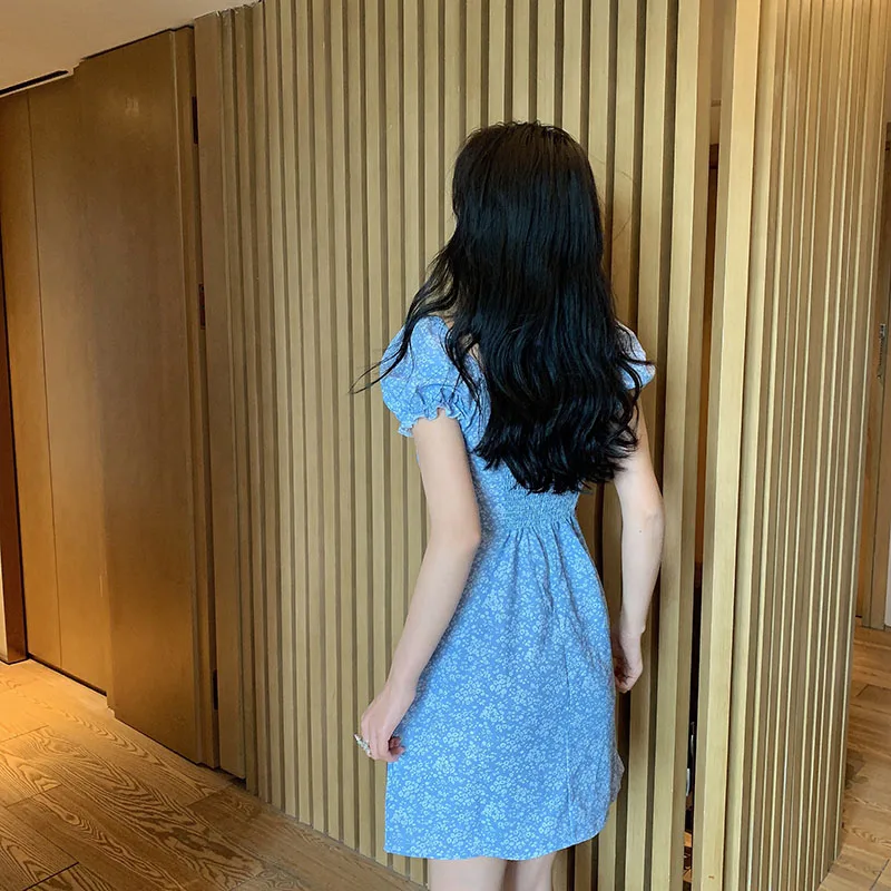 2020 Summer Dress Female Vintage Blue Floral Print Center Bow Beach Dress Slim Women Mini Dress Vestidos
