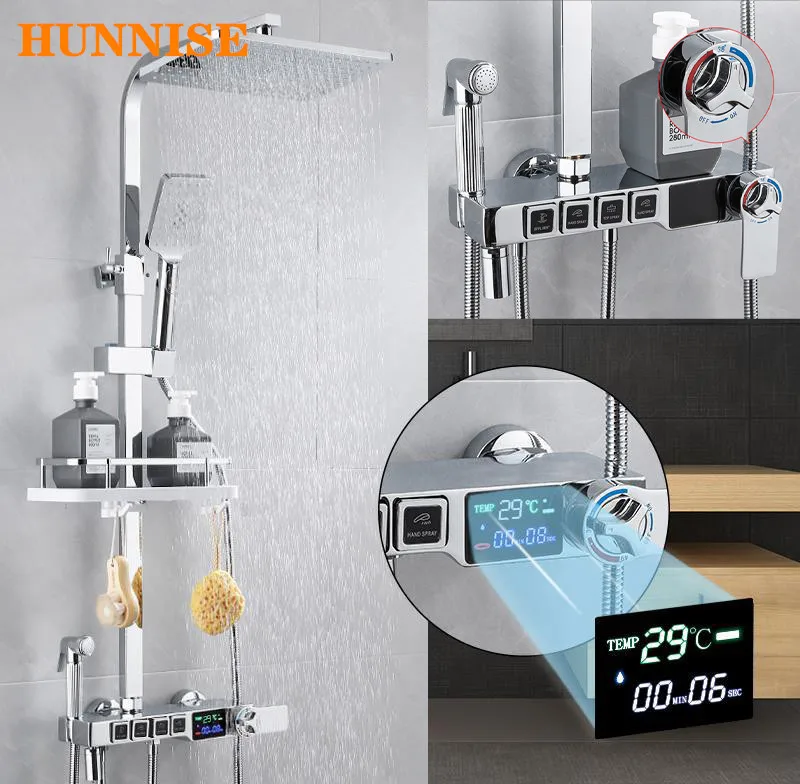 Bathroom Shower Faucet Polished Chrome Bathroom Shower Mixer Set Luxury Digital Bath Rainfall System Thermostatic Faucet
