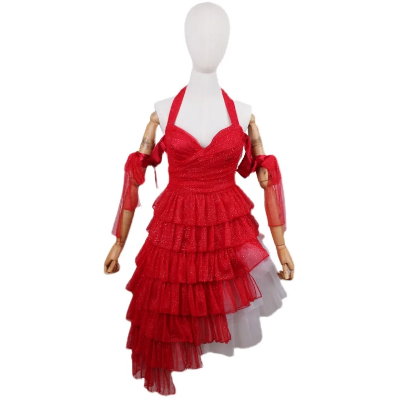 

Sexy Female Clown Dresses Harley Red Shinny Sequins Dress Cosplay Costume Braces Skirt Woman Joker Halloween Christmas Gift