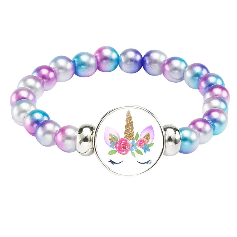 Trendy Unicorn Beads Bracelets 18mm Snap Holder Buttons Dome Cabochon