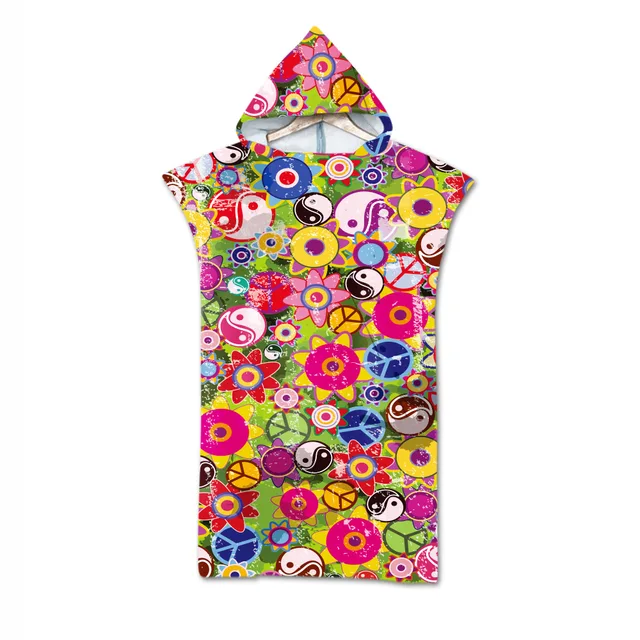 Adult Kids Microfiber Quick Drying Peace and Love Pattern Absorbent Hooded Beach Bath Towel Diving Suit Changing Robes Poncho 11