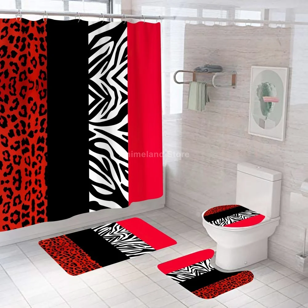 

Zebra Leopard Red Black Shower Curtain Bathroom Set Fashion Pattern Bath Curtains Non Slip Toilet Cover Floor And Mat Rug Sets