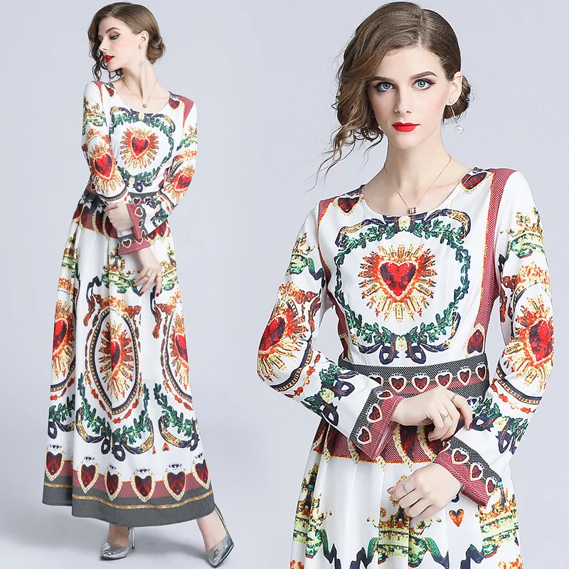 

Photo Shoot-Europe And America Fashion Positioning Waist Hugging Slimming Printed Crew Neck Dress