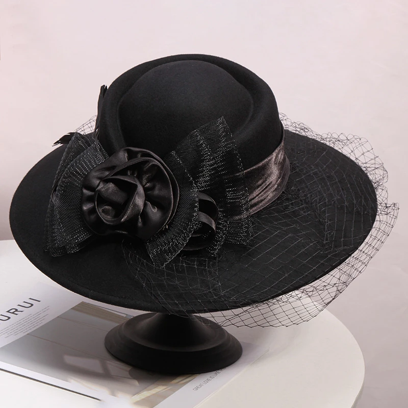 Veil Black Women Winter Fedora Hats