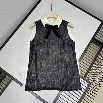 

Women Patchwork Blouses Elegant Sleeveless Spring Ladies Blouse Fashion Sequin Top