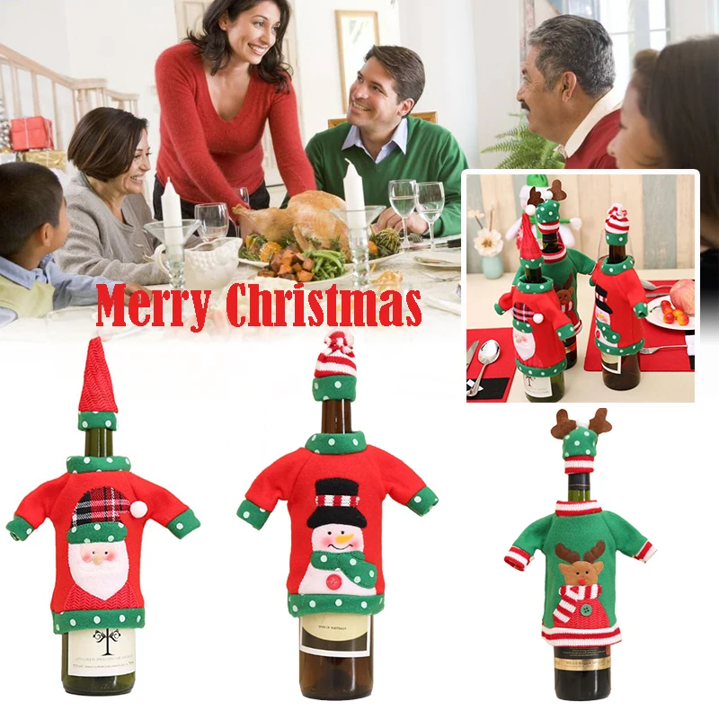 Cute Christmas Embroidered Wine Bottle Cover Table Decorations Ornaments