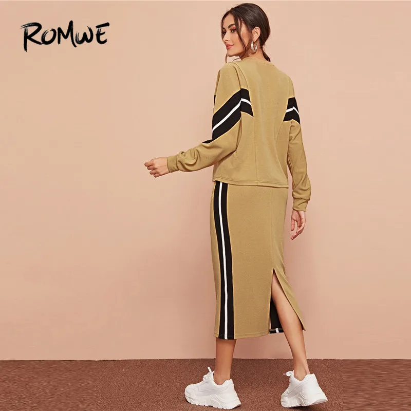 Najtaniej ROMWE w paski, teksturowana górna i podziel powrót spódnica ołówkowa 2 sztuka zestaw kobiety na co dzień z długim rękawem dres spódnica trzy czwarte dwuczęściowy strój