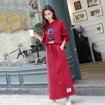 

Hooded sweater suit skirt spring autumn 2020 new women Korean loose hooded cotton sweater + lace-up skirt casual two-piece 66a